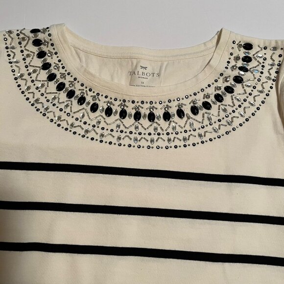 Talbots NWT Bejeweled 100% Cotton Tee 3/4 Sleeve Ivory/Black Size 1X (14W -16W) - Picture 3 of 9